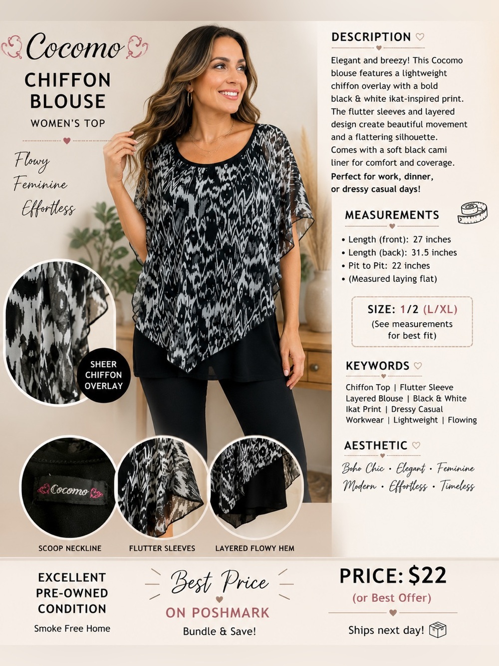 Cocomo Black & White Sheer Chiffon Layered Blouse